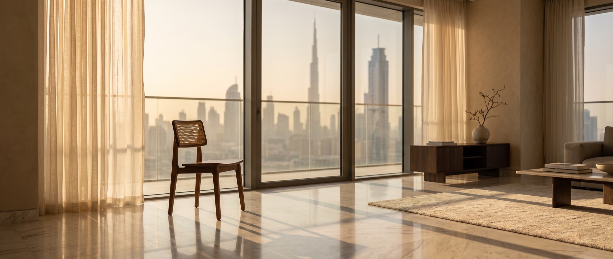 A sunlit Downtown Dubai apartment with floor-to-ceiling windows, the Burj Khalifa in the haze outside, and a single wooden chair waiting in the light.