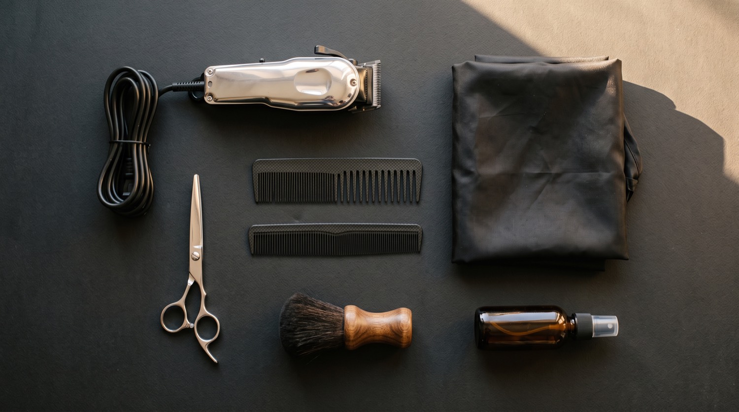 A barber's kit laid out on a dark surface: clippers, shears, two combs, a neck brush, a folded black cape and a spray bottle.